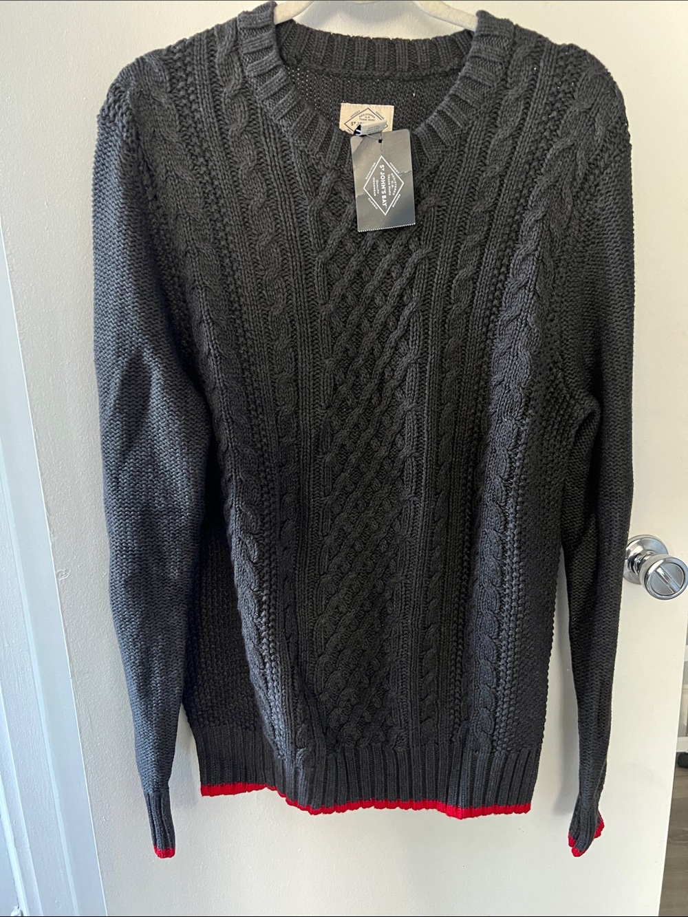 Men's Crewneck Cable Knit Sweater in Dark Gray with Red Trim
